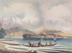 Tongariro vulkán, Új-Zéland (színes gravírozás)